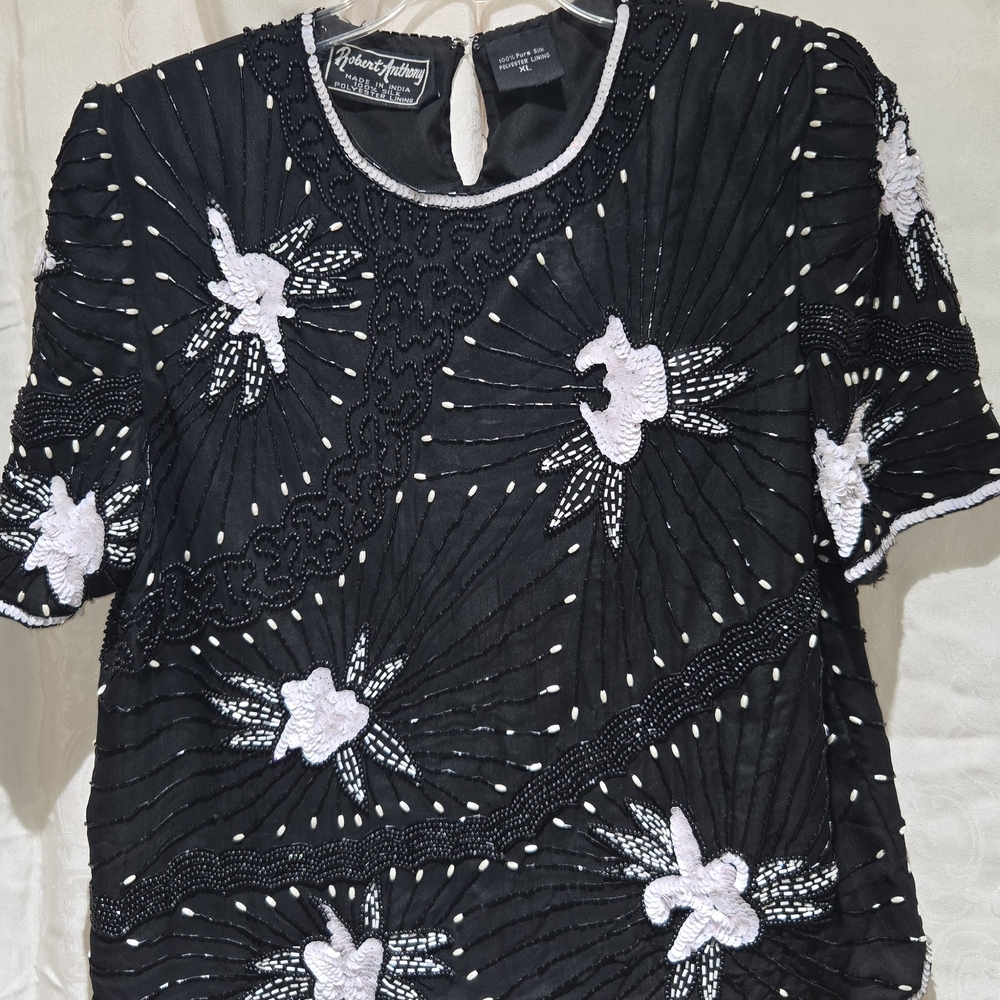 WMNS SZ XL ROBERT & ANTHONY BEADED SEQUINED SILK POLY VINTAGE DRESS SHIRT